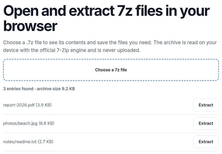 The UnpackNest 7z tool listing a real .7z archive with three files. Each entry has its own Extract button.
