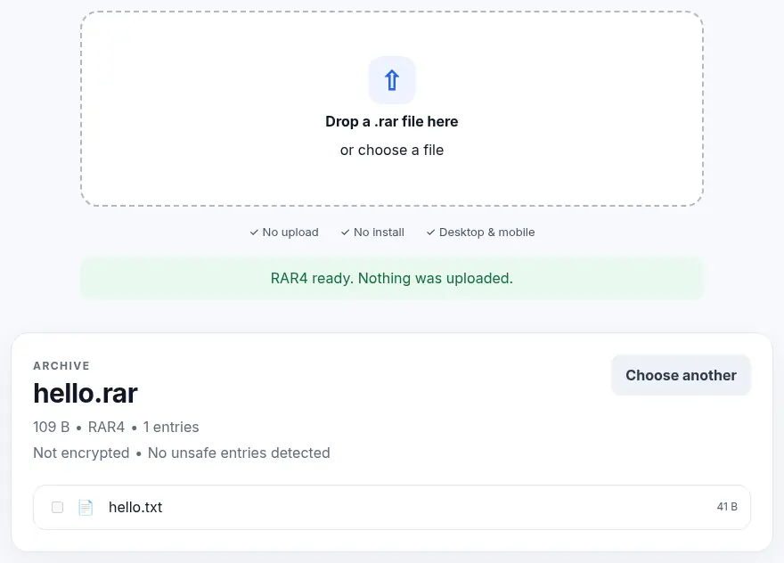 The UnpackNest RAR tool after opening an archive: it reports the archive type, whether it is encrypted and whether unsafe entries were found, before anything is saved.