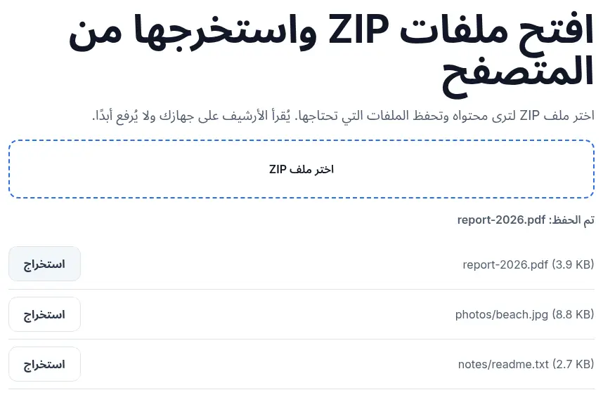 أداة ZIP في UnpackNest بعد استخراج ملف: سطر الحالة يقول «تم الحفظ»، والأرشيف قُرئ كله داخل تبويب المتصفح.