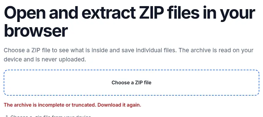 A ZIP cut in half, opened in the UnpackNest ZIP tool. The tool reports a truncated archive instead of listing files it cannot read.