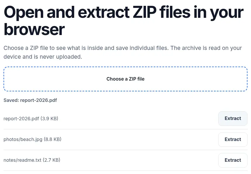 The UnpackNest ZIP tool after opening a real three-file archive: entry count, sizes and an Extract button for each file. The status line confirms the saved file.