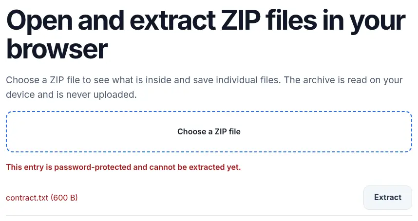 An AES-encrypted ZIP in the UnpackNest ZIP tool. The file list is visible, but pressing Extract shows that the entry is password-protected and cannot be extracted yet.